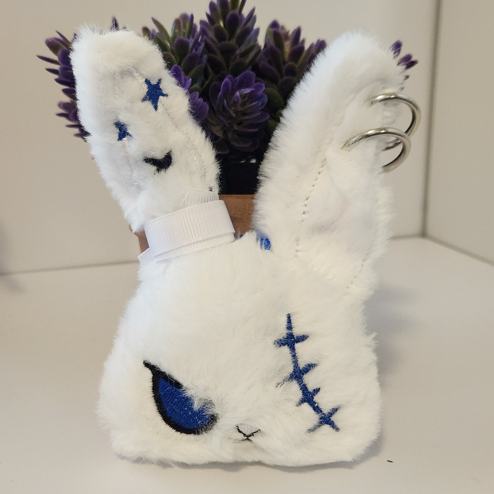 White Faux Fur Stitched Bunny Plush Bag Charm Blue Embroidery Pierced Ears 5"
